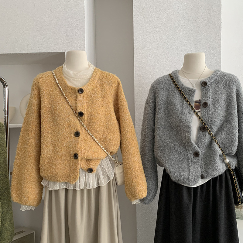 欧玛莱 软糯圈圈纱毛衣开衫圆领宽松针织外套上衣秋冬季新款 5030