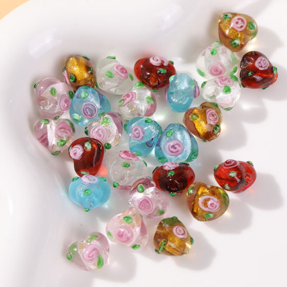 Glass silver foil drop oil small flower straight hole love heart beaded diy earrings hair accessories bracelet accessories material wholesale