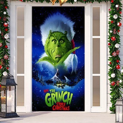 クリスマスドアカバー装飾吊り布緑の毛の怪物グリンチドアカバークリスマスモンスタードアカーテン新年タペストリードアカバー背景|undefined