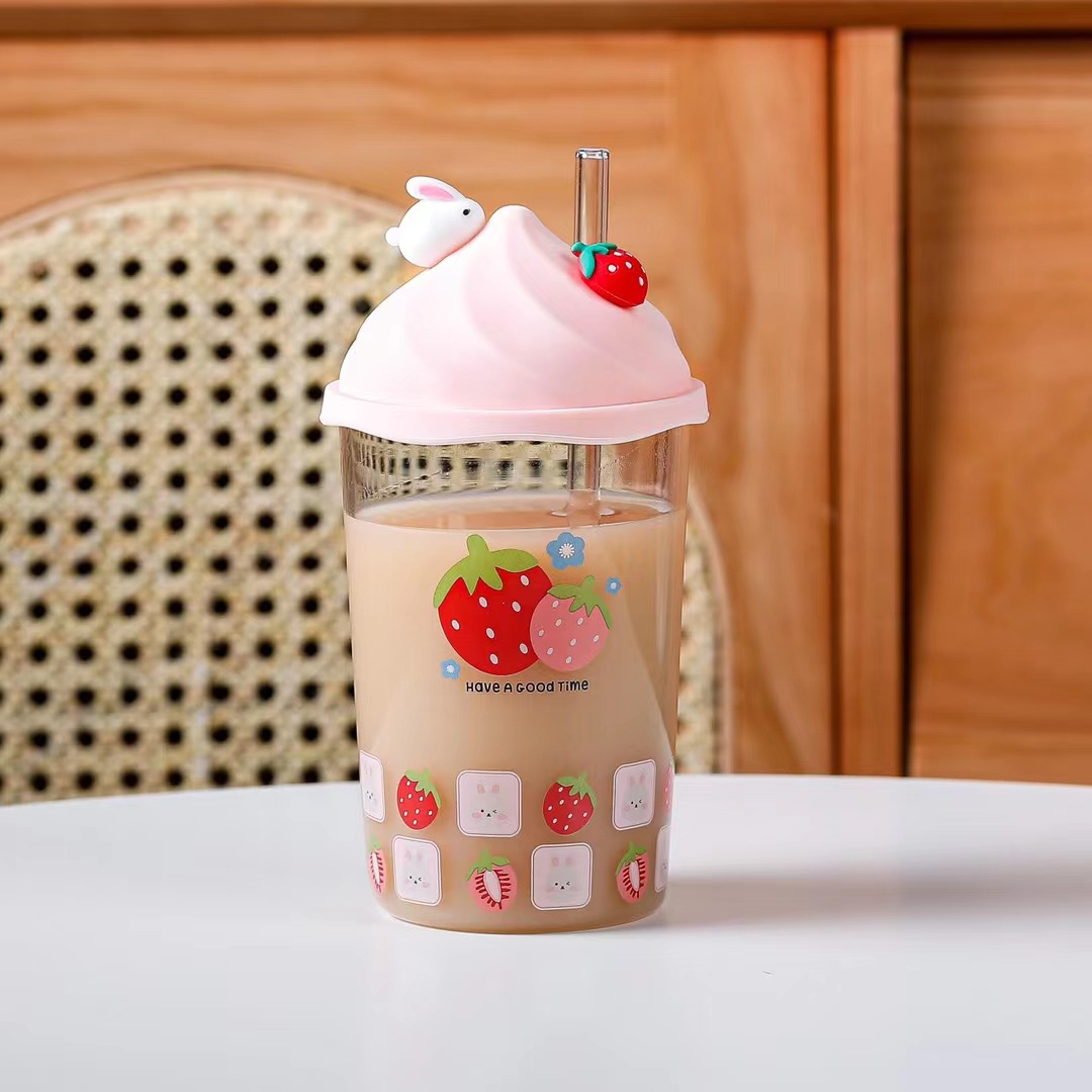 Personalidad creativa taza de conejo de fresa chica de dibujos animados corazón Rosa taza de paja de vidrio taza de jugo de regalo