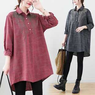 Real shot in stock 2024 autumn new Korean foreign trade cotton and linen plus size embroidered long sleeve slim shirt women