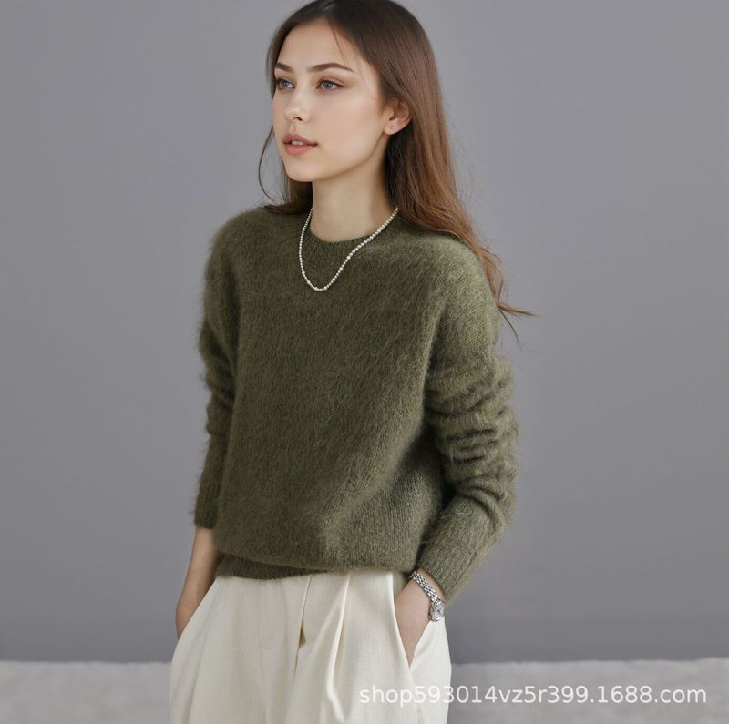 无缝花纱羊毛羊绒拉毛V领圆领百搭女式毛衣宽松慵懒女外套老钱风|undefined