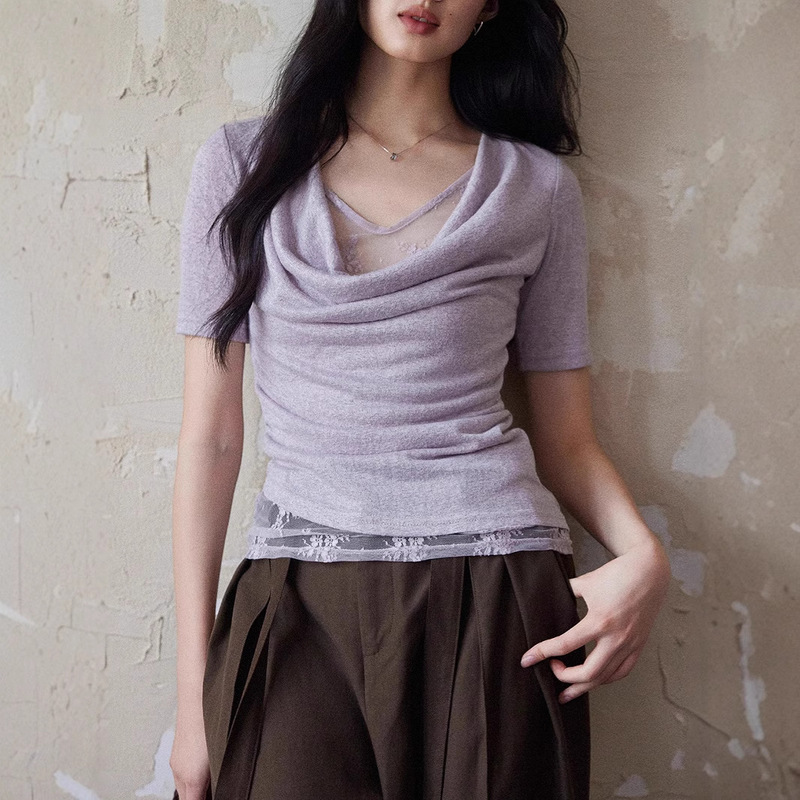 Two Sheep [Ting Lan] Fake Two-piece Swing Collar Lace Knitted Short-sleeved Top Women's Purple Elegant Tight Waist T-shirt