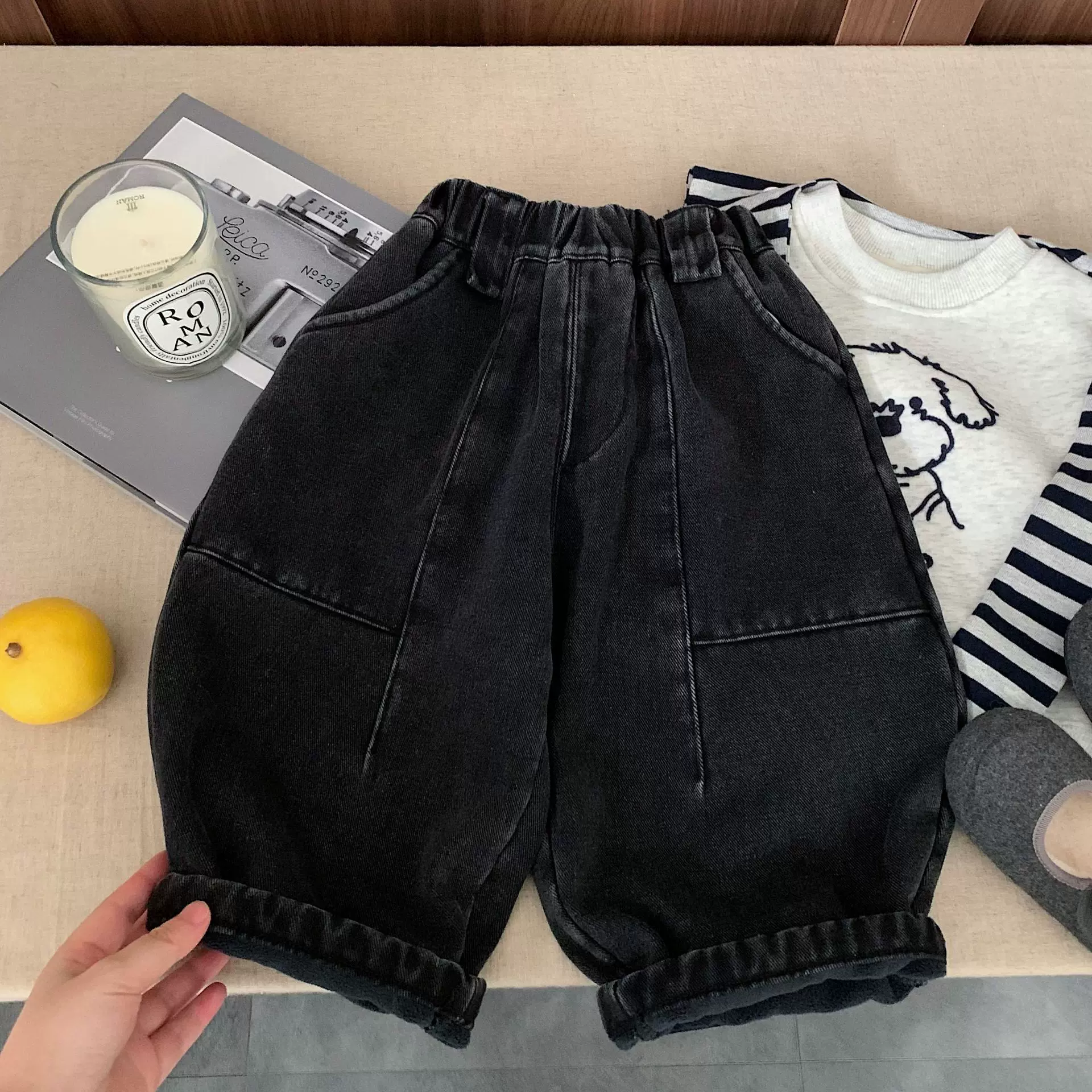 儿童加绒牛仔裤冬季一体绒韩版男童百搭女童休闲灯笼裤绣花长裤