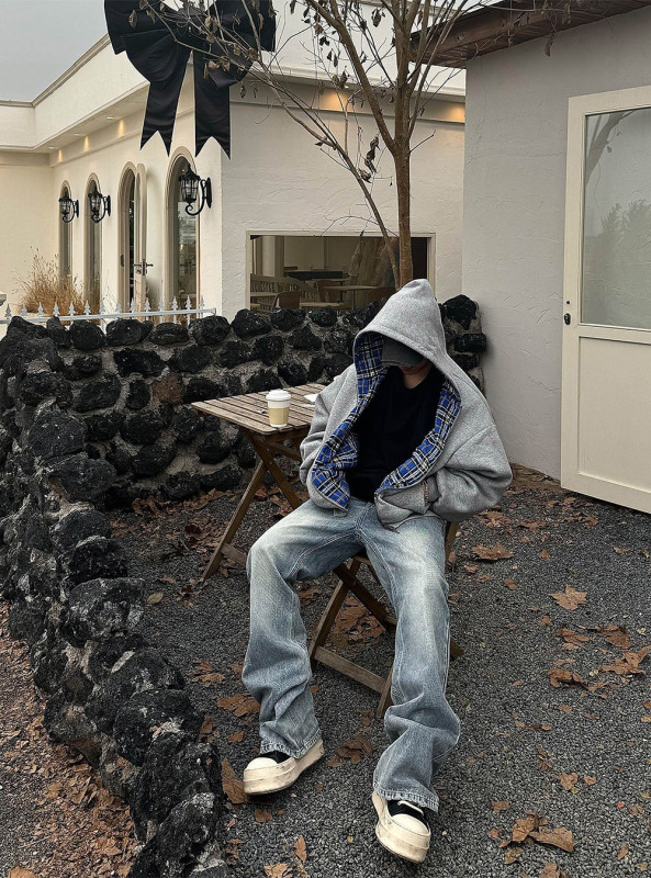 拼接双面穿开衫卫衣男春秋季小众设计感潮流美式复古宽松连帽外套|undefined