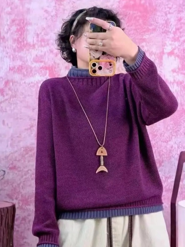 Autumn and Winter New Retro Half Turtleneck Knitwear Women's Loose Slimming Look Fashionable Versatile Pullover Cotton Knitwear Top