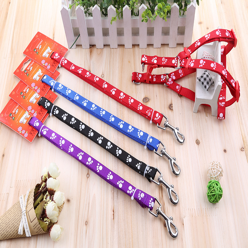 Wholesale Pet Supplies Pet Dog Footprint Printed Leash Imitation Nylon Chest Pull Collar 2-Piece Collar Harness