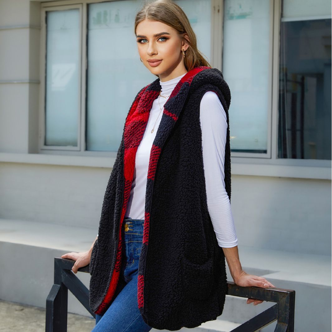 Flash terciopelo transfronterizo europeo y americano otoño ropa de mujer suelta moda con capucha hebilla cardigan Plaid Plush chaleco abrigo para mujeres