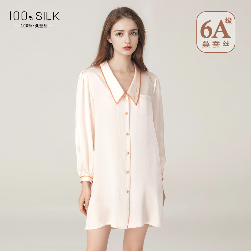 2026 Spring/Summer New Silk Nightgown for Women 100% Mulberry Silk Sexy Thin Doll Collar Homewear Shirt Dress