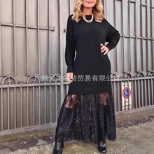 2025秋冬蕾丝拼接针织连衣裙亚马逊欧美跨境纯色休闲中长款连衣裙