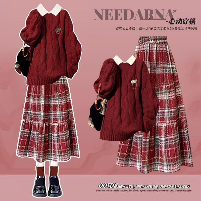 A Complete Set of Winter Wear for Women 2025 New College Style Knitted Sweater Shirt and Red Plaid Skirt Three-Piece Set