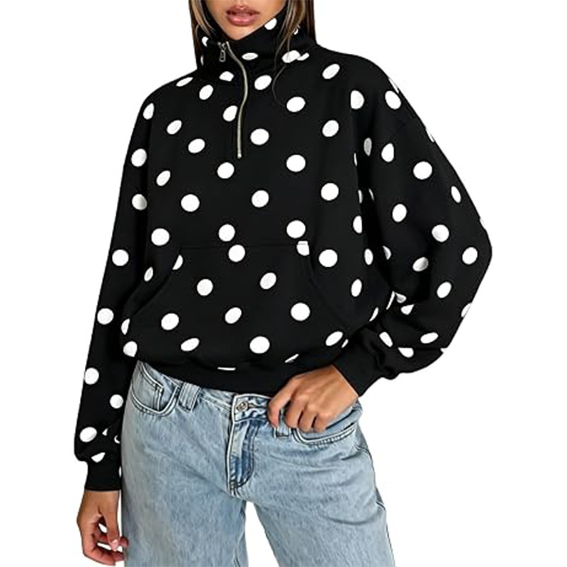 Women's Polka Dot Quarter-Zip Sweatshirt Oversized Fleece Pullover Long Sleeve Quarter-Zip Casual Top