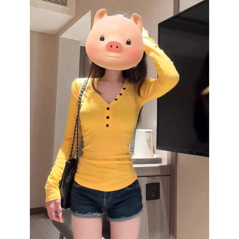1*1 Ribbed Hong Kong Style Chic Button Long Sleeve T-Shirt Slim Fit Slimming Sense Casual Chic Inner Base Shirt