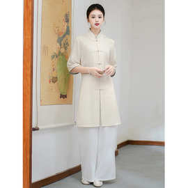 2025夏季新中式禅意茶服中长款唐装上衣短袖疗愈养生足浴师服装