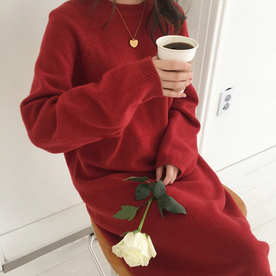 Lazy sweater women's winter South Korea loose slimming long sweater skirt over the knee pullover bottoming knitted dress