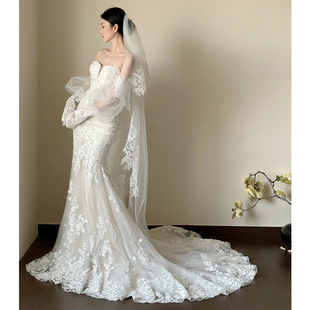 French fishtail tube travel light wedding dress 2025 new bridal short summer trailing out lace main yarn