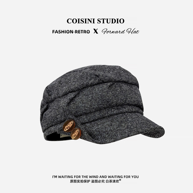 Japanese-style retro pleated brim buttoned equestrian hat for women, autumn and winter, with a Melard aesthetic, newsboy cap, baseball cap, versatile and artistic Japanese-style retro pleated brim buttoned equestrian hat for women, autumn and winter, with a Melard aesthetic, newsboy cap, baseball cap, versatile and artistic