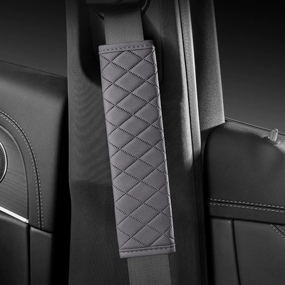 Car Shoulder Pads, Lambskin Plaid Seat belt shoulder pad - leather-embroidery-gray