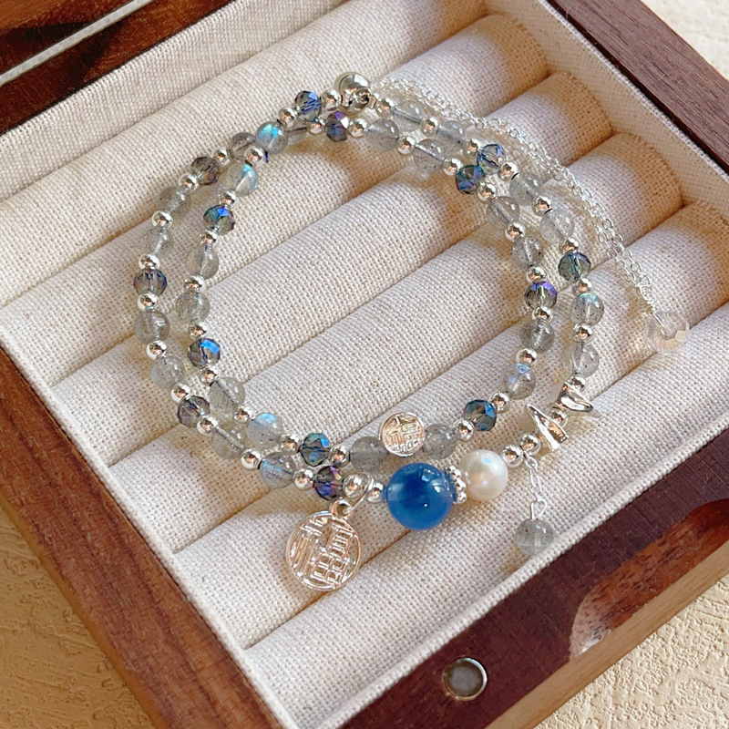 Natural Labradorite Moonstone Spectrum Stone Blue Sugar Heart Agate Crystal Silver Double Layer Bracelet Beads