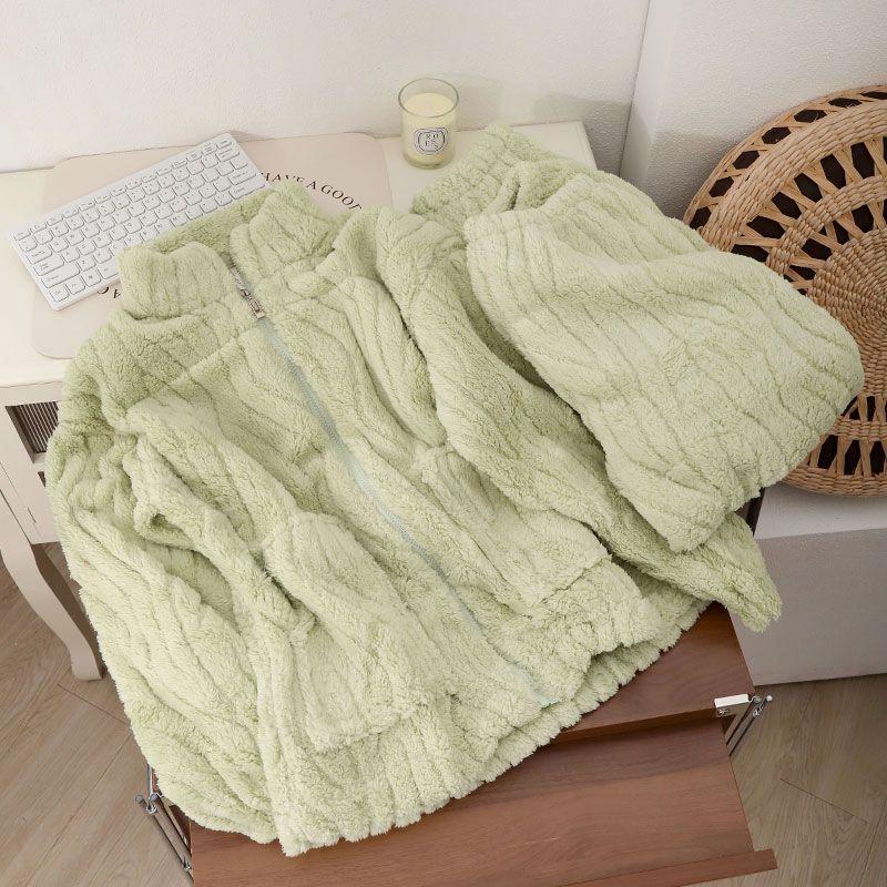 Pijamas de invierno con cremallera al por mayor transfronterizos de 300g de peluche de coral grueso de color sólido conjunto de ropa para el hogar