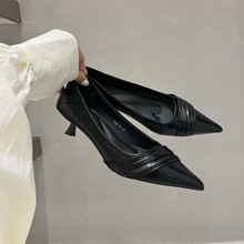 欧美风细跟浅口尖头单鞋女秋季新款百搭气质软皮通勤OL职业高跟鞋