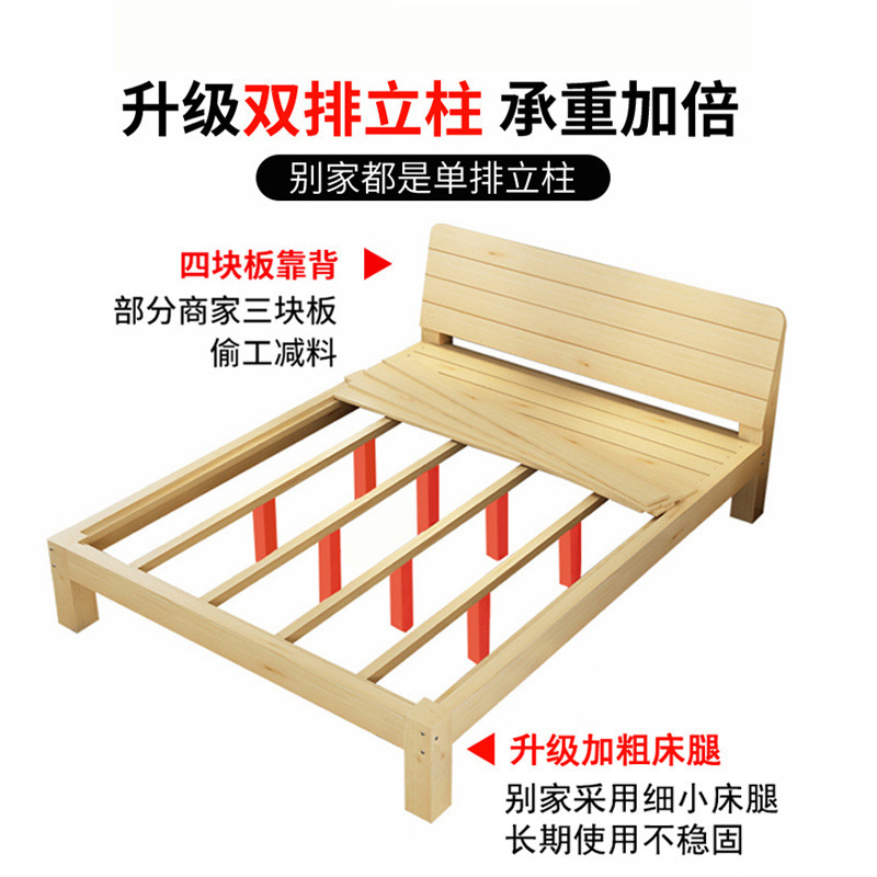 Solid Wood Bed 1.5m Pine Double Bed 1.8m Economical Modern Simple Rental Room Simple 1m Single Bed Frame