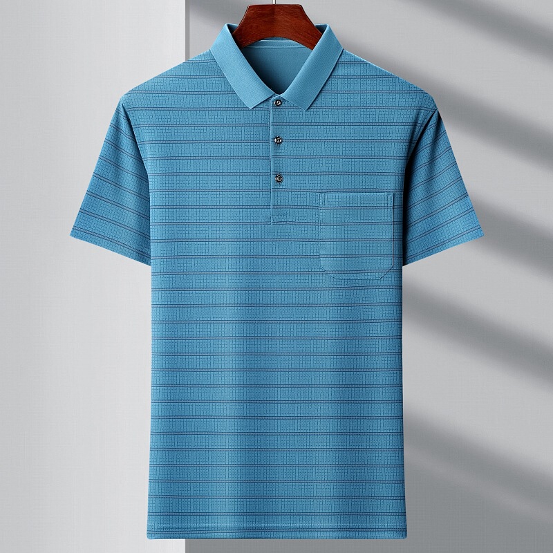 2026 Summer Short-Sleeve T-Shirt Men's Striped Polo Shirt New Style with Pockets Thin Lapel T-Shirt Men's Clothing
