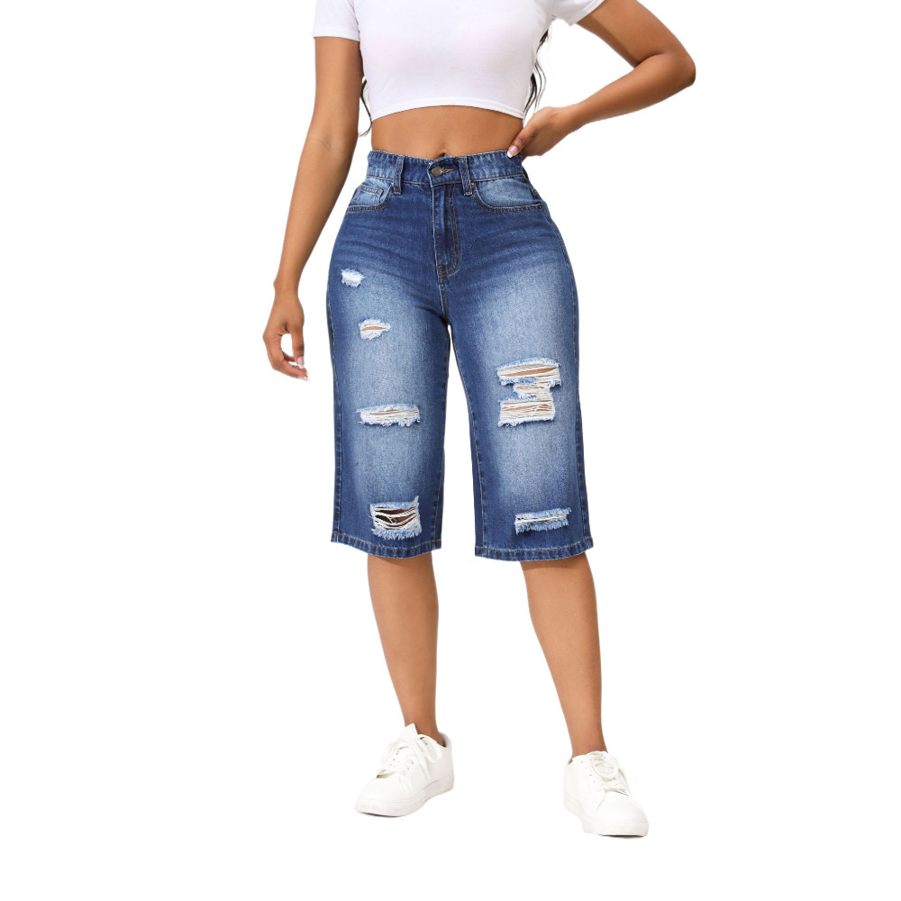 2026 Cross-Border New Summer Ripped Jeans for Women, Cropped Straight Loose Fit, European and American Style, Plus Size Distressed Mid-Length Pants, Trendy