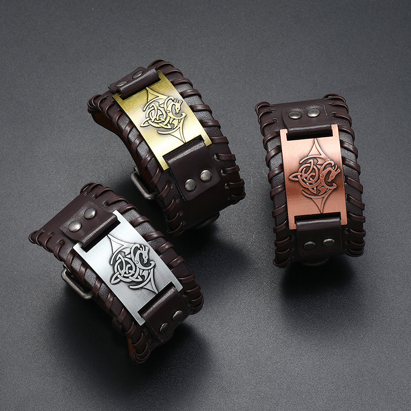 new jewelry simple woven leather bracelet simple Nordic mythology relief wide bracelet
