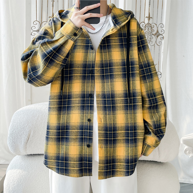 Plaid Hooded Long-Sleeve For Men 2025 Spring New American Retro Style Youth Oversized Loose Shirt Jacket_voghion.com