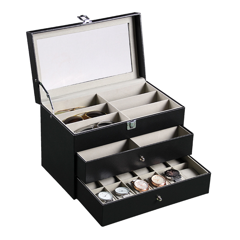 Cross-Border 12-Slot Watch Storage Box Black Pu Leather Jewelry Box 12-Slot 3-Layer Glasses Case Storage Box Wholesale