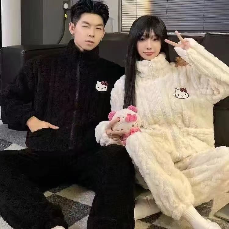 Invierno nuevo pijama de pareja de franela para mujeres lindas dibujos animados dulces ociosos simple color sólido ropa casera set hombre