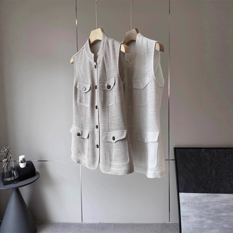 In Stock, Luxurious! B~C! Custom Spun Yarn, Imported Linen Woven Mesh Texture, Gold and Silver Thread Stand-Up Collar Vest