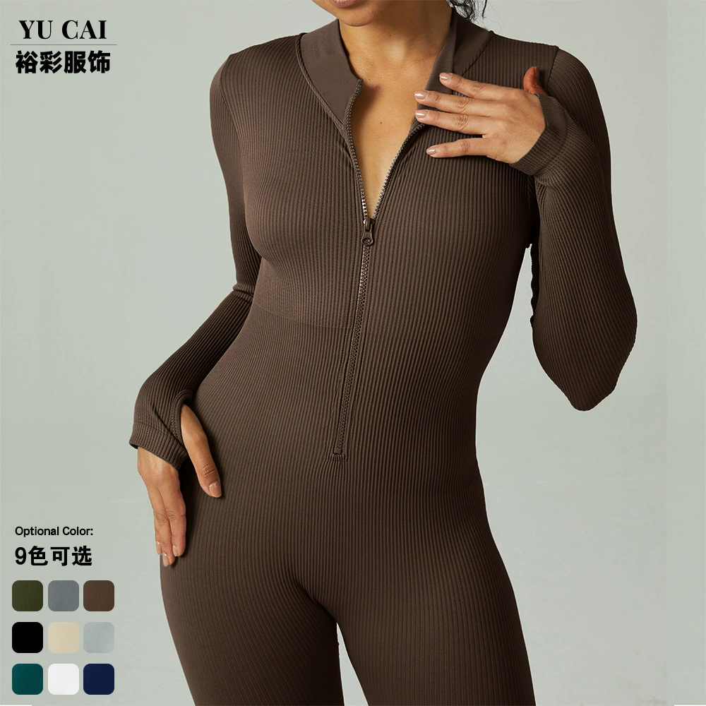 Европейский и американский трансграничный бесшовный комбинезон для йоги Спортивный комбинезон для фитнеса Плотный костюм для йоги с длинными рукавами Женские брюки на талии