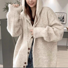 女性用フード付きセーターカーディガン、新しい厚みのある韓国スタイル、ゆったりとしたレイジースタイルのセータージャケット、柔らかいワックスのようなトップ