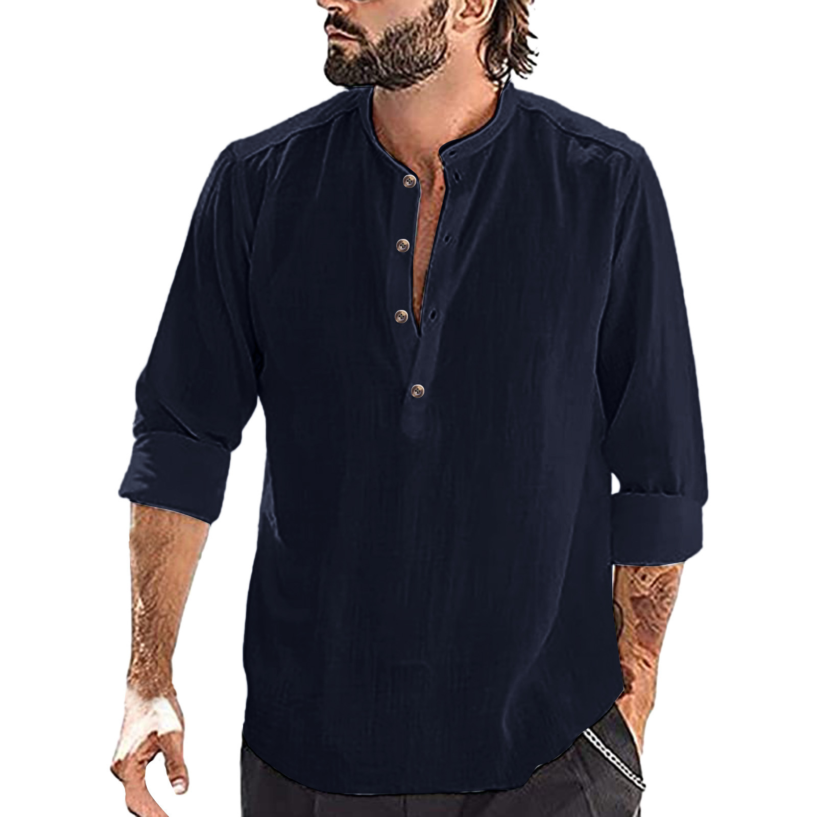 2025 Cross-Border Casual Men's Loose Shirts Men's Trendy Stand-Up Collar Cotton and Linen Long-Sleeved Color Independent Spot Station