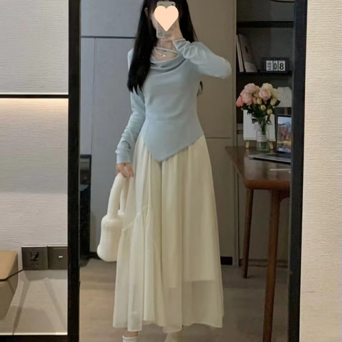 Cozy Winter-Spring Tea Party Dress Set: Irregular Long-Sleeve Top with High-Waisted Skirt