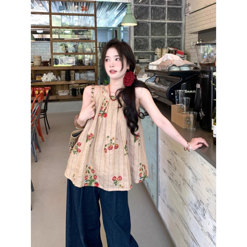 Doll Shirt Sleeveless Vest Top Women's Summer Strawberry Print Commuter Neck Shirt Small Shirt Small Shirt College Style