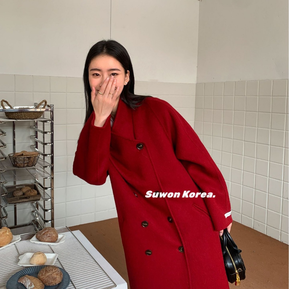 【姝媛】春季新款韩系荡领红色氛围感双面手缝羊毛大衣外套双排扣