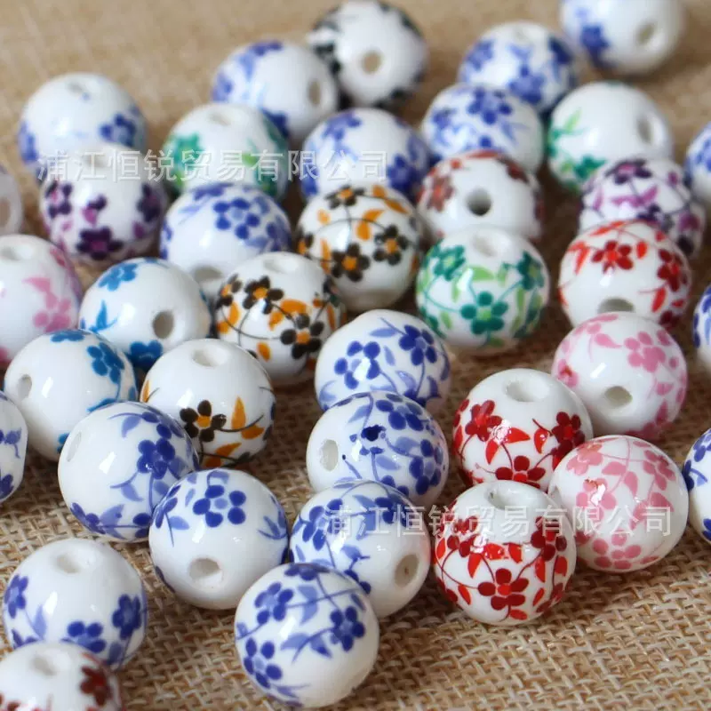 12mm青花瓷散珠手链饰品串珠diy 创意工艺品制作材料带孔陶瓷珠子
