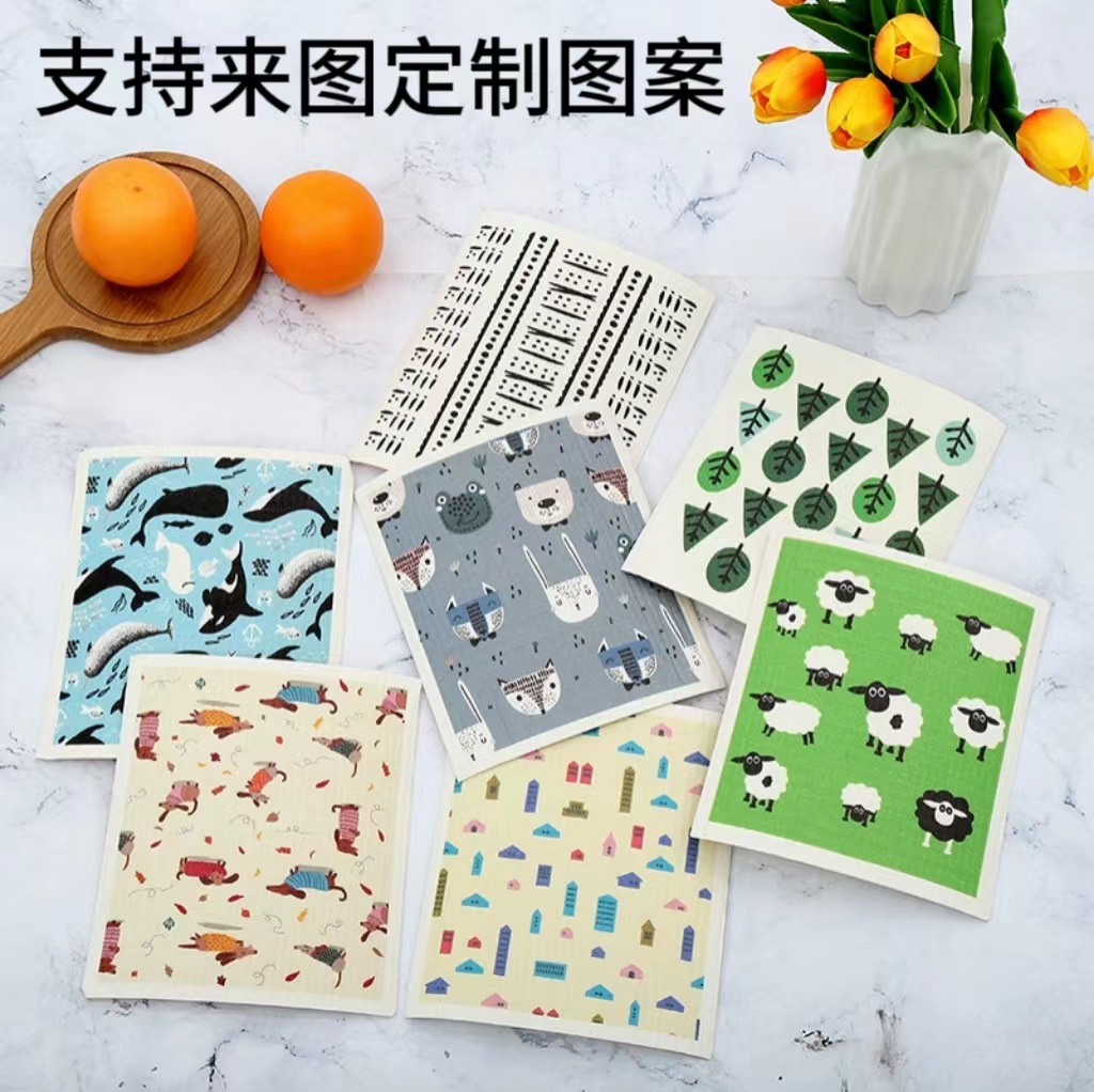 도매 주방용 독일산 목재펄프 면걸레, 수세미, 설거지용 수건, 인쇄 가능한 설거지용 천, 만화 무늬