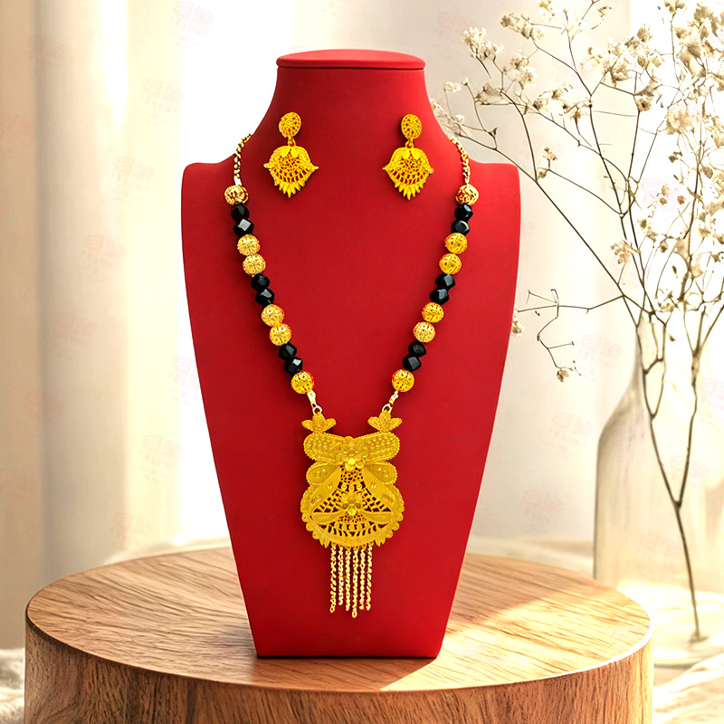 24K镀金立体太阳花流苏吊坠项链饰品套装东南亚简约新娘婚礼首饰