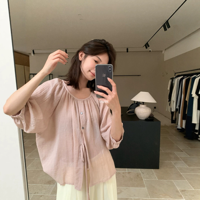 Hers Japanese-Style Simple and Versatile Loose-Fitting Slimming Puff Sleeve Round Neck Tie Blouse for Women 80733