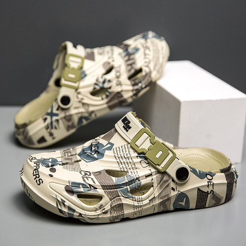 Hole shoes for men in summer, wearing poop feeling, soft sole, non-slip, baotou half slippers, outdoor sports, large size beach sandals