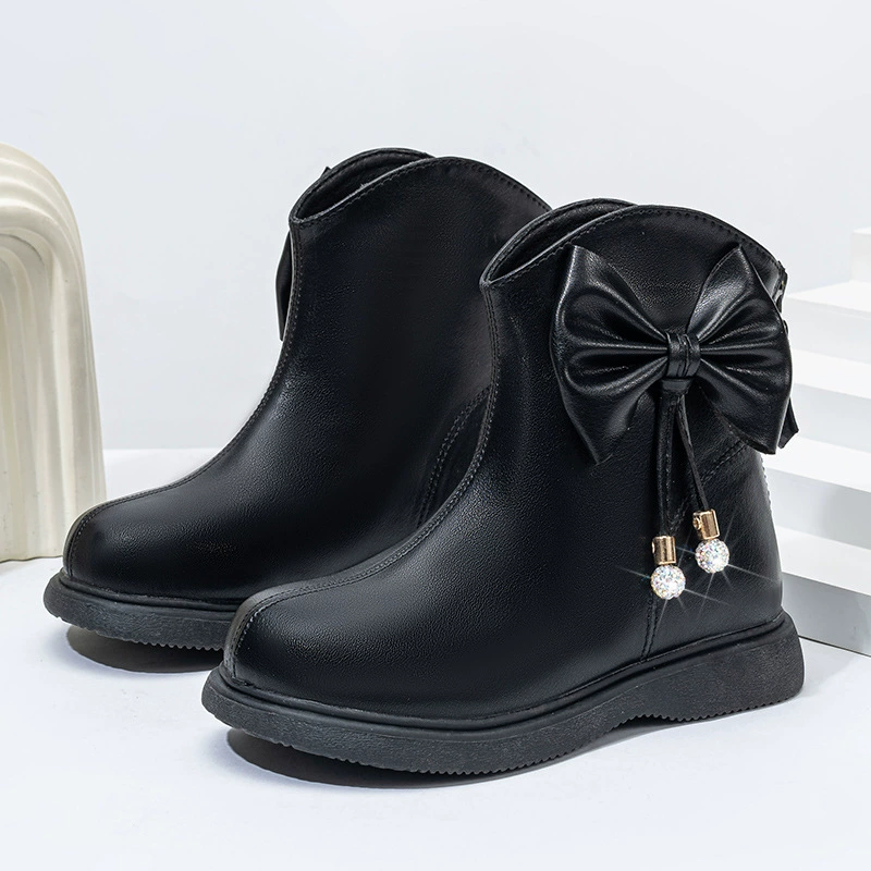 Ботинки для девочек, короткие сапоги, новинка осени-зимы 2025, с флисовой подкладкой, хлопковые сапоги, кожаные сапоги в стиле принцессы, модные детские сапоги в британском стиле