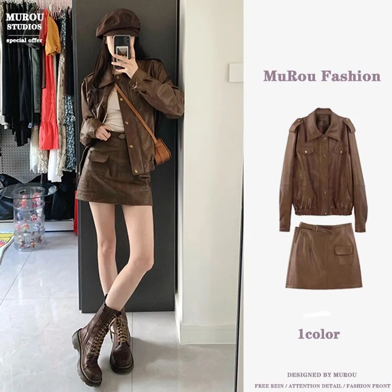 Fashionable and Elegant Spring and Autumn New Retro Coffee-Colored Faux Pu Leather Jacket Women's Leather Jacket Two-Piece Suit with Short Skirt Fashionable and Elegant Spring and Autumn New Retro Coffee-Colored Faux Pu Leather Jacket Women's Leather Jacket Two-Piece Suit with Short Skirt