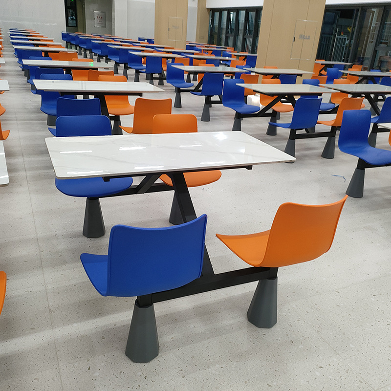 Four-Person Dining Table with Backrest Chairs. Manufacturer's Ready-Made School Canteen Dining Table and Chairs. Four-Person One-Piece Dining Table and Chair Combination