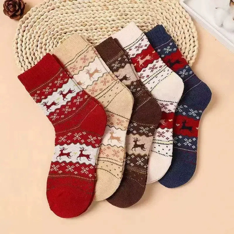 Осенне-зимние утолщенные теплые женские носки до середины икры для внешней торговли, пятицветные, рождественские стильные зимние махровые носки с золотой нитью и оленями