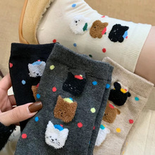 韩国东大门三只小熊植绒彩色波点中筒袜日系少女小动物纯棉堆堆袜