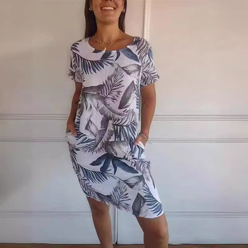 in stock Cross-border Amazon Independent Station AliExpress Women's Crewneck Loose Short-sleeved Printed dress Women's Pocket Skirt Explosion